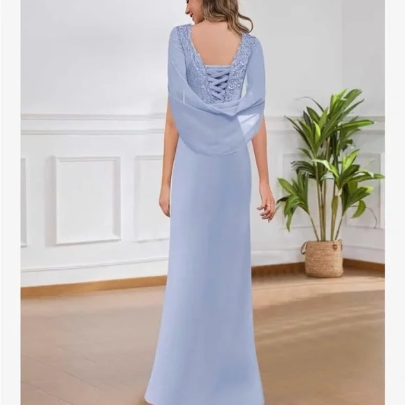 Sophisticated Dusty Blue Cape Sleeve Dress - Picture 3 of 3